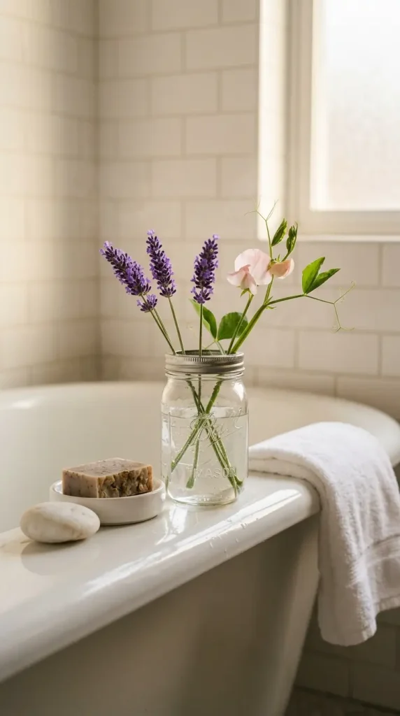 20 Simple DIY Spring Home Decoration - Mason Jar Flowers 12 12. Mason Jar Spring Bathroom Display on the Tub Edge