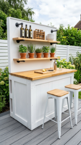 18 Easy Outdoor Kitchen DIY Ideas Pallet Wood Bar Grill 12 12. Minimal Pallet Wood Bar With White Paint and Black Pipe Shelving