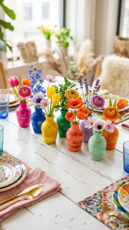 22 Spring Table Decor Ideas - Dopamine Colorful Brunch Style 12 12. Painted Terracotta Pots as Mini Bud Vases
