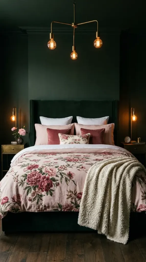 22 Floral Bedding Ideas Blush Peony Romantic Luxury Bed 12 12. Peony Print Bedding in a Dark Moody Bedroom