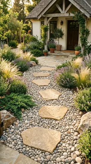 20 Simple Front Yard Landscaping Stepping Stone Path 12 12. Stepping Stones Set Into Ornamental Pebble River Bed