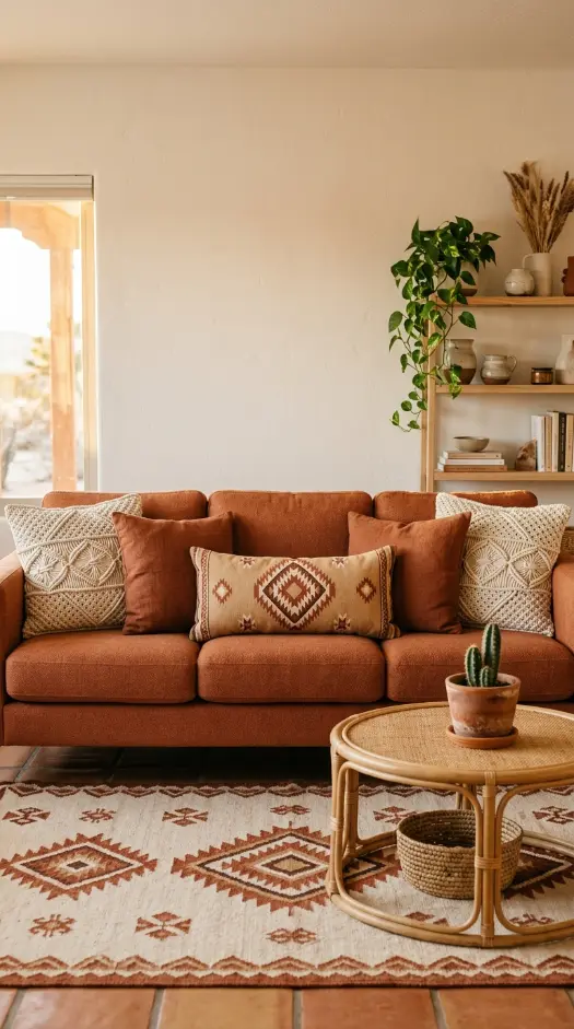 25 Throw Pillow Combinations That Transform Any Sofa 12 12. The Terracotta Sofa Desert Boho Combination