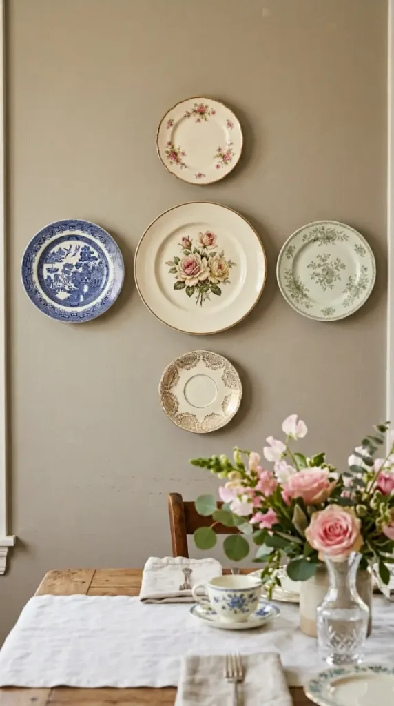 22 Mother's Day Brunch Decorations With Vintage China 12 12. Vintage China Wall Display Behind Brunch Table