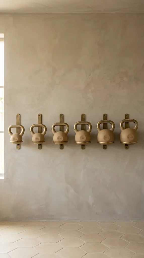 18 Warm Neutral Home Gym Studio Spare Bedroom Conversion 12 12. Warm Neutral Kettlebell Wall With Organized Display
