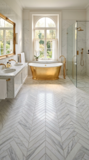 18 Incredible Luxury Bathroom Ideas White Marble Glamour 12 12. White Marble Herringbone Floor With Freestanding Gold Tub