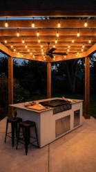 18 Easy Outdoor Kitchen DIY Ideas Blackstone Griddle Station 13 13. Blackstone Station With Full Pergola and String Light Canopy