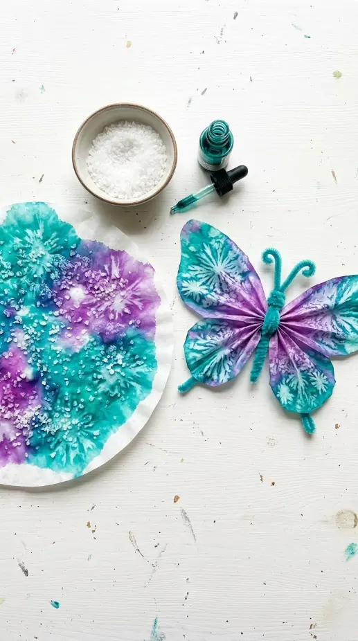 18 Easy Spring Classroom Crafts - Coffee Filter Butterflies 13 13. Coffee Filter Butterfly with Watercolor Resist Salt Technique