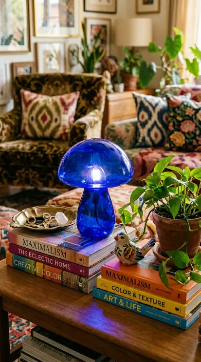 18 Mushroom Lamp Decor Ideas for Every Home Aesthetic 13 13. Colored Glass Mushroom Lamp in a Maximalist Eclectic Room