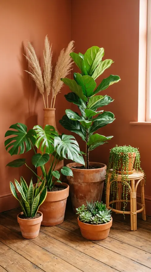 22 Vintage Floral Bedding Boho Rattan Bedroom Terracotta 13 13. Create a Boho Plant Corner With Terracotta Pots
