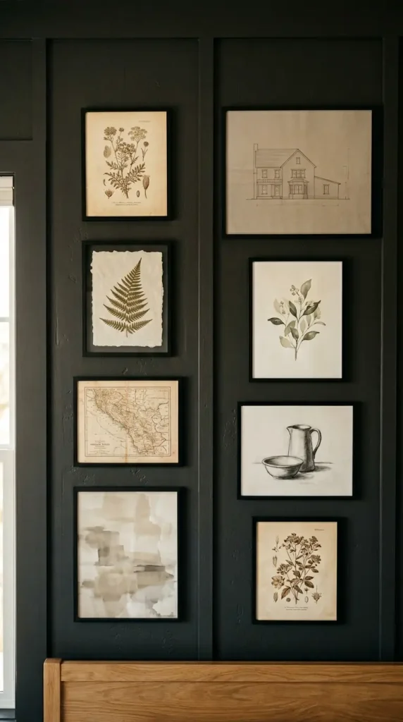 18 Modern Farmhouse Bedroom Ideas Dark Board and Batten 13 13. Dark Board and Batten With Gallery Wall of Black Frame Art