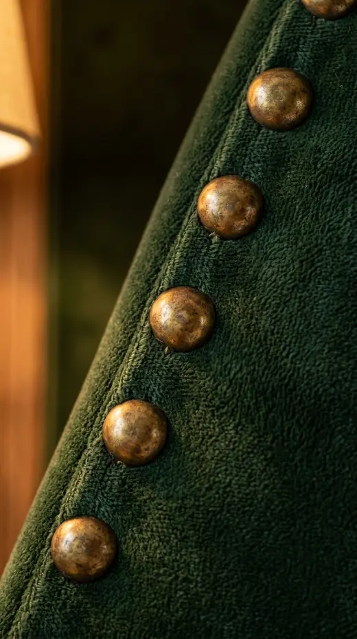 22 Earthy Cozy Bedroom - Dark Green Velvet Brass Luxury 13 13. Dark Green Velvet Headboard with Brass Nail Head Trim Detail