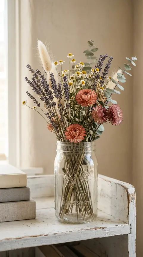 20 Simple DIY Spring Home Decoration - Mason Jar Flowers 13 13. Dried Flower Mason Jar for Long-Lasting Spring Décor