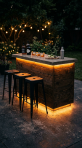 18 Easy Outdoor Kitchen DIY Ideas Pallet Wood Bar Grill 13 13. Pallet Wood Bar With LED Strip Lighting Underneath Counter