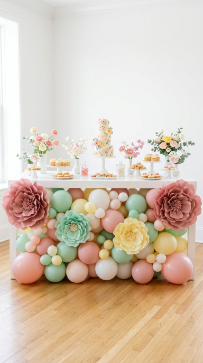 20 DIY Spring Party Decor Ideas Paper Flower Balloon Wall 13 13. Paper Flower and Balloon Dessert Table Backdrop Skirt