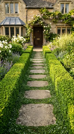 20 Simple Front Yard Landscaping Stepping Stone Path 13 13. Stepping Stone Path With Low Box Hedge Edging