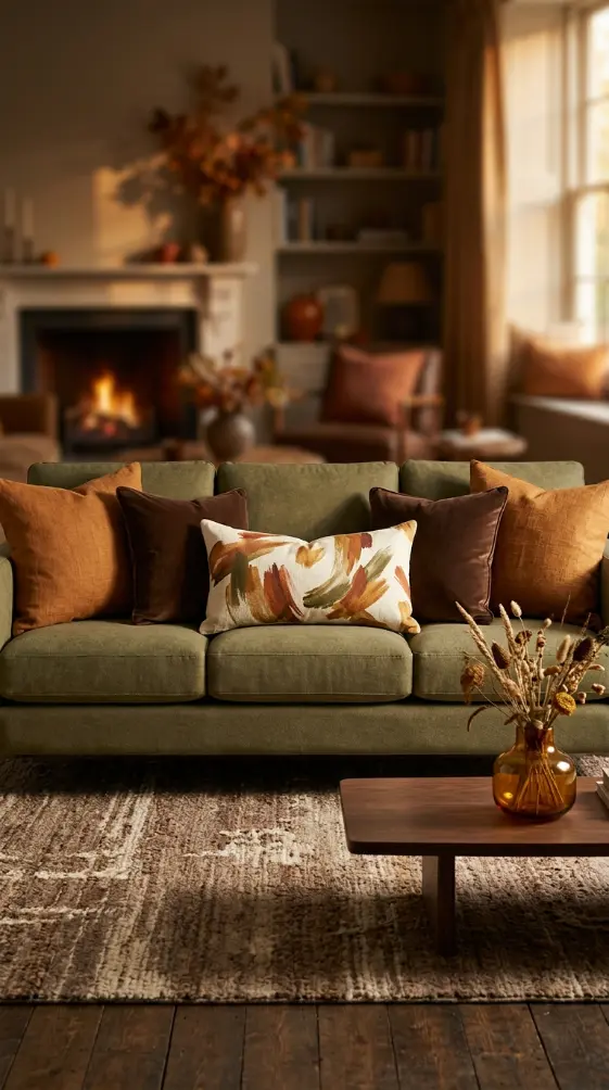 25 Throw Pillow Combinations That Transform Any Sofa 13 13. The Olive Green Sofa Moody Autumnal Combination