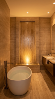 18 Incredible Luxury Bathroom Ideas Travertine Spa Style 13 13. Travertine Spa Bathroom With Waterfall Wall Feature