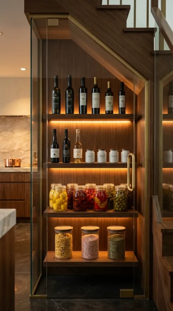 24 Luxury Staircase Storage Ideas Glass Wine Cellar Style 13 13. Under-Stair Glass Enclosed Olive Oil and Pantry Display