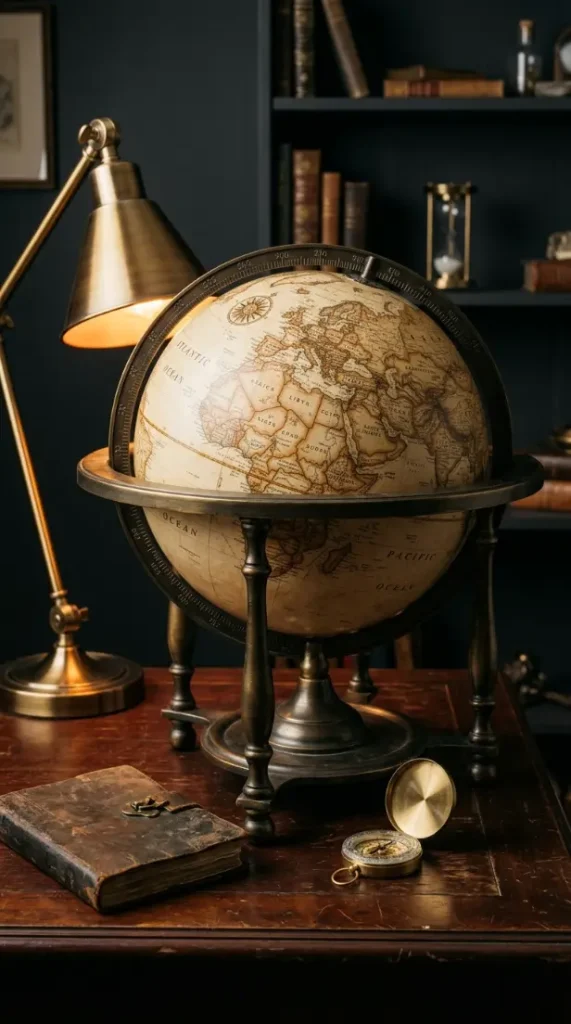 20 Quirky Home Decor Curiosity Cabinet Dark Office 13 13. Use a Globe as a Sculptural Desk Accent