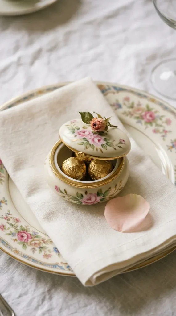 22 Mother's Day Brunch Decorations With Vintage China 13 13. Vintage China Favor Box Display