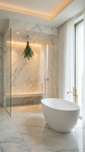 18 Incredible Luxury Bathroom Ideas White Marble Glamour 13 13. White Marble Spa Bathroom With Steam Shower and Rainfall Head