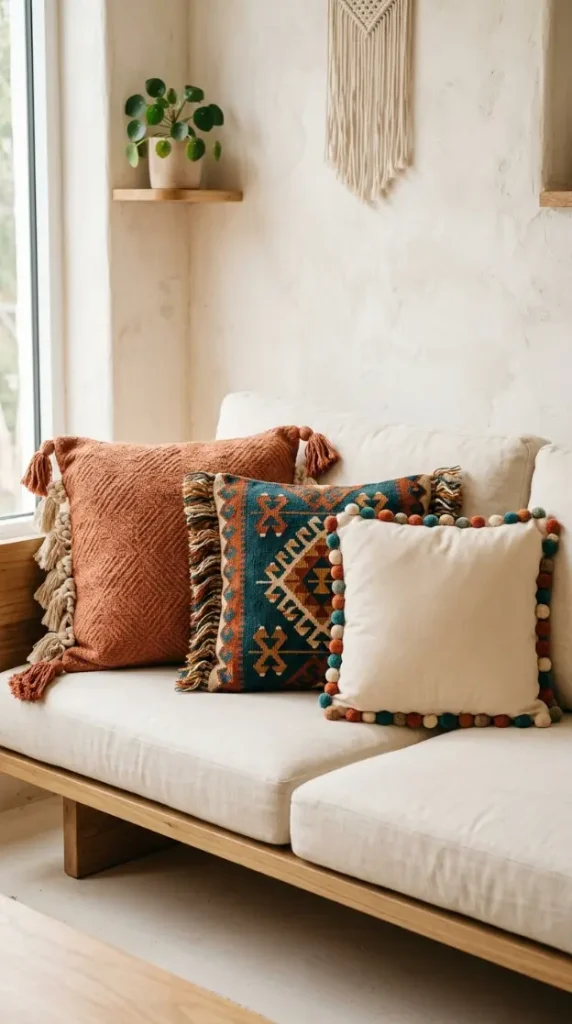 20 Decorative Pillow Ideas That Instantly Elevate Any Room 14 14. Boho Decorative Pillow Combination With Tassels and Fringe
