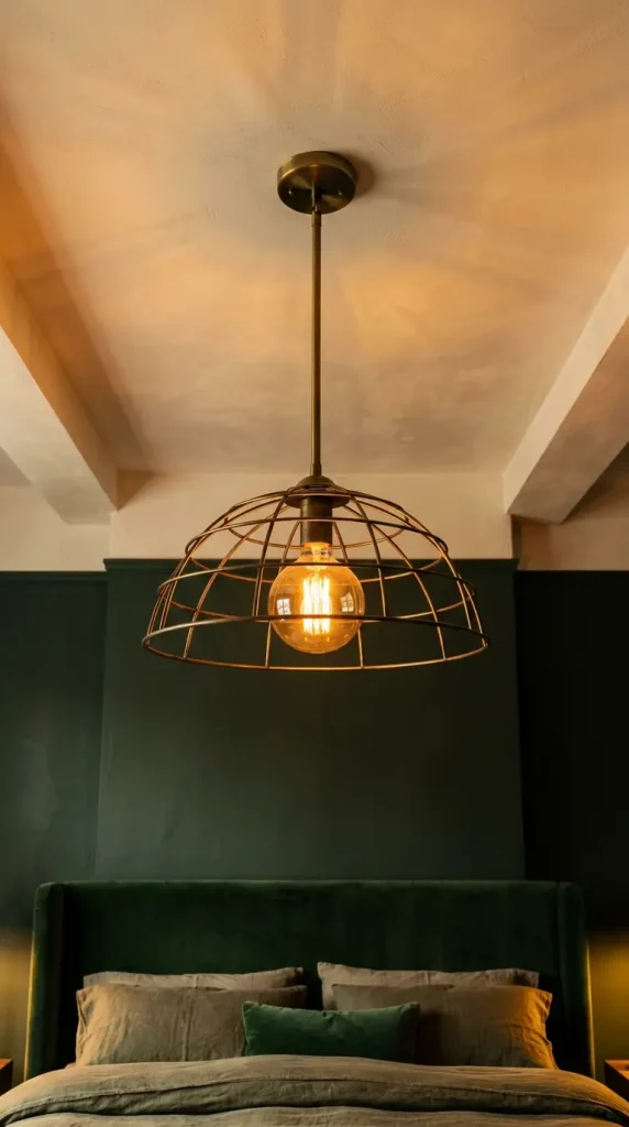 22 Earthy Cozy Bedroom - Dark Green Velvet Brass Luxury 14 14. Brass Hanging Pendant Light as Bedroom Centrepiece