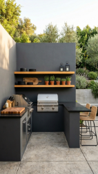 18 Easy Outdoor Kitchen DIY Ideas Modern L-Shape Build 14 14. Charcoal and Blonde Wood L-Shape With Floating Shelf