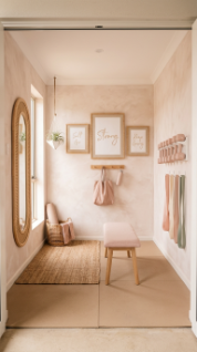 18 Coastal Home Gym Inspiration Garage Conversion Ideas 14 14. Coastal Female Gym With Blush and Sand Palette