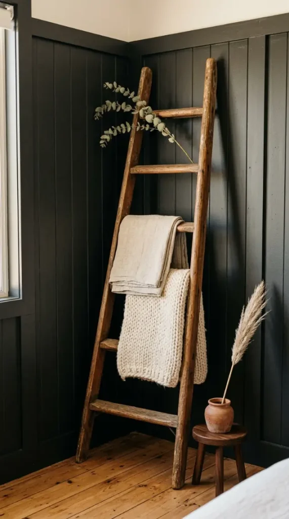 18 Modern Farmhouse Bedroom Ideas Dark Board and Batten 14 14. Dark Board and Batten With a Vintage Wooden Ladder as Decor