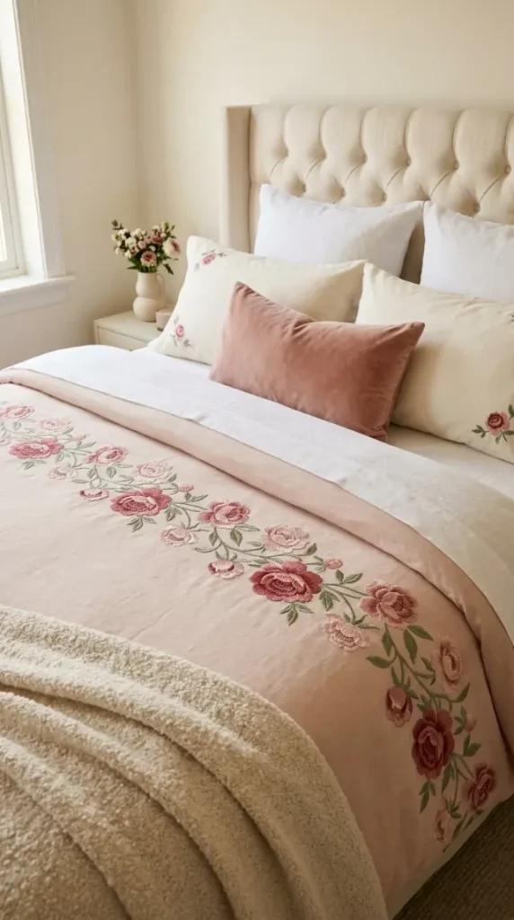 22 Floral Bedding Ideas Blush Peony Romantic Luxury Bed 14 14. Embroidered Blush Bedding — Thread Detail as Luxury