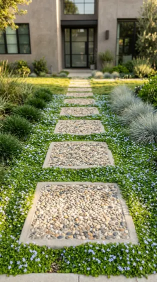20 Simple Front Yard Landscaping Stepping Stone Path 14 14. Exposed Aggregate Concrete Stepping Pads