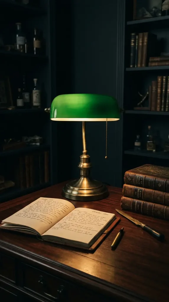 20 Quirky Home Decor Curiosity Cabinet Dark Office 14 14. Install a Dark Green Banker's Lamp as the Primary Desk Light