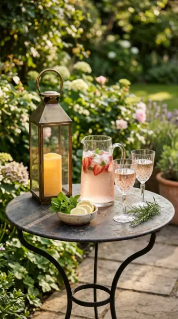 20 Spring Lantern Decor Ideas for Home and Garden 14 14. Lantern on a Garden Side Table With a Spring Cocktail Setup