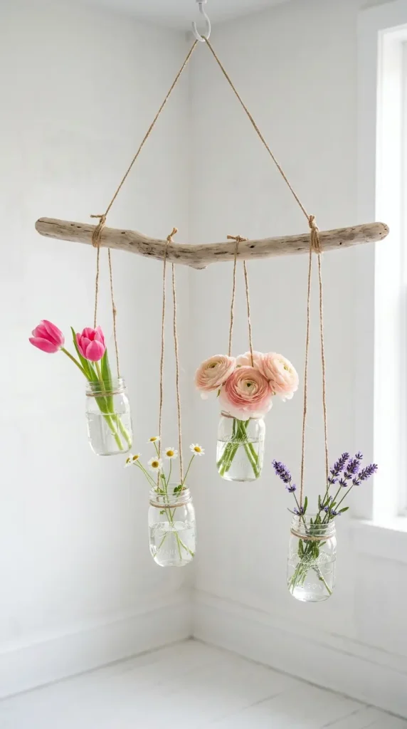20 Simple DIY Spring Home Decoration - Mason Jar Flowers 14 14. Mason Jar Spring Flower Mobile