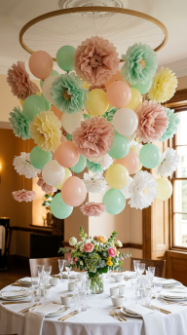 20 DIY Spring Party Decor Ideas Paper Flower Balloon Wall 14 14. Paper Flower and Balloon Canopy Over Dining Table
