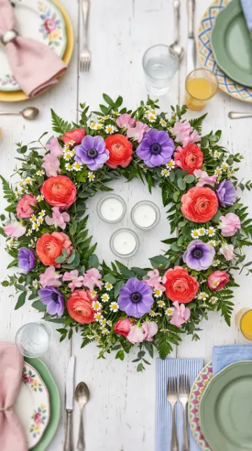 22 Spring Table Decor Ideas - Dopamine Colorful Brunch Style 14 14. Spring Bloom Flower Crown as Table Centrepiece
