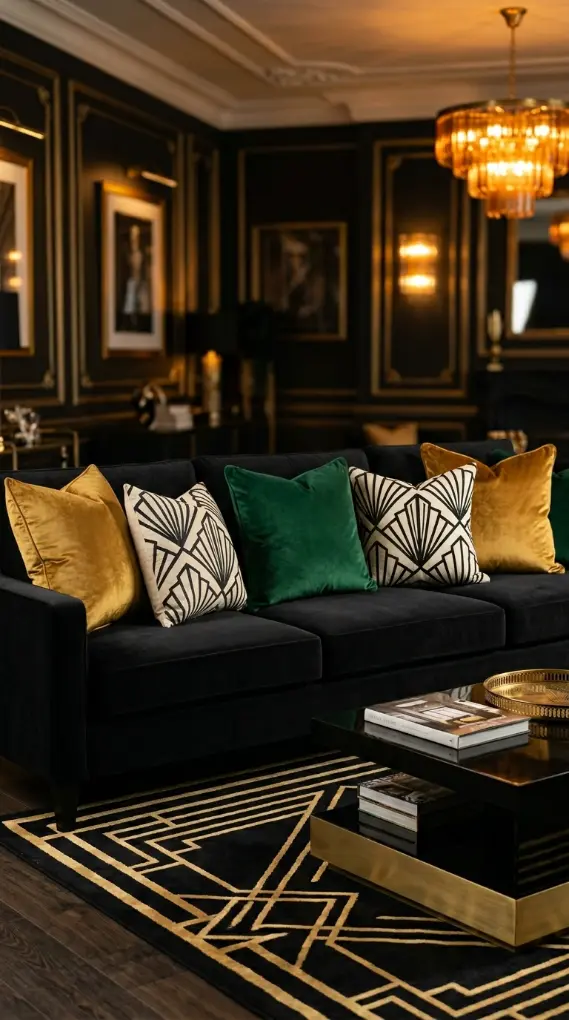 25 Throw Pillow Combinations That Transform Any Sofa 14 14. The Black Sofa Maximalist Art Deco Combination
