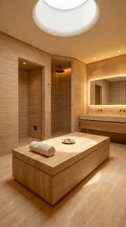 18 Incredible Luxury Bathroom Ideas Travertine Spa Style 14 14. Travertine Spa Bathroom With Hammam Style Heated Bench