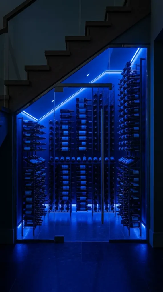 24 Luxury Staircase Storage Ideas Glass Wine Cellar Style 14 14. Under-Stair Glass Cellar With Integrated Lighting Scenes