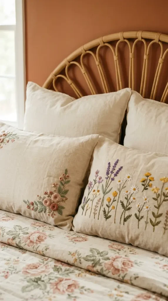 22 Vintage Floral Bedding Boho Rattan Bedroom Terracotta 14 14. Use Embroidered Floral Pillowcases on the Vintage Bedding