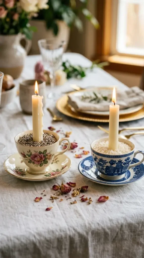 22 Mother's Day Brunch Decorations With Vintage China 14 14. Vintage China Candleholder Styling