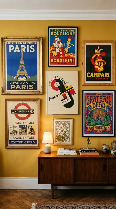 24 Eclectic Quirky Home Decor Ideas 14 14. Vintage Poster and Print Collection in Mismatched Frames