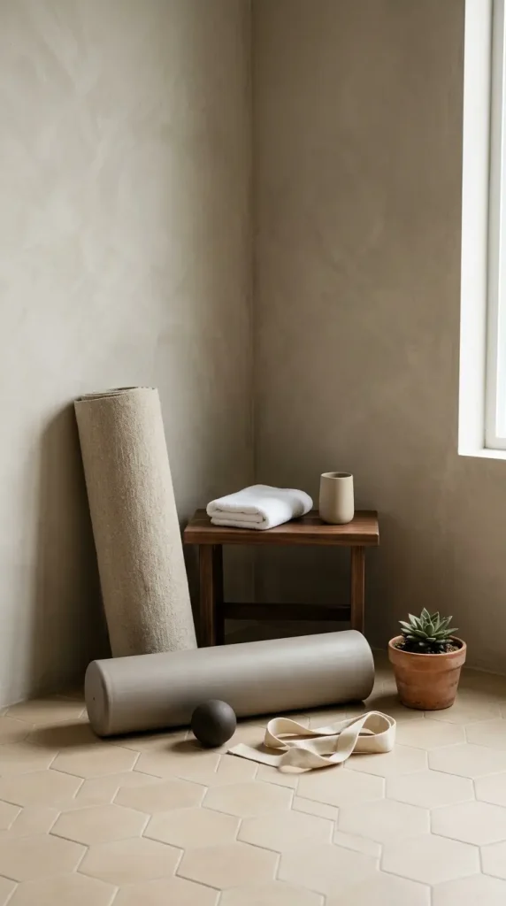 18 Warm Neutral Home Gym Studio Spare Bedroom Conversion 14 14. Warm Neutral Recovery Corner With Foam Roller and Rolling Mat