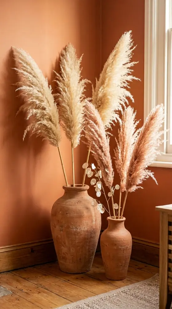 22 Vintage Floral Bedding Boho Rattan Bedroom Terracotta 15 15. Add Dried Pampas Grass in Tall Terracotta Floor Vases