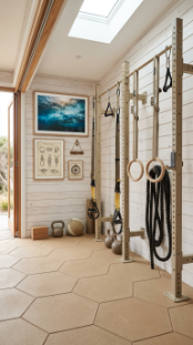 18 Coastal Home Gym Inspiration Garage Conversion Ideas 15 15. Coastal Functional Training Gym With Rope and Rig