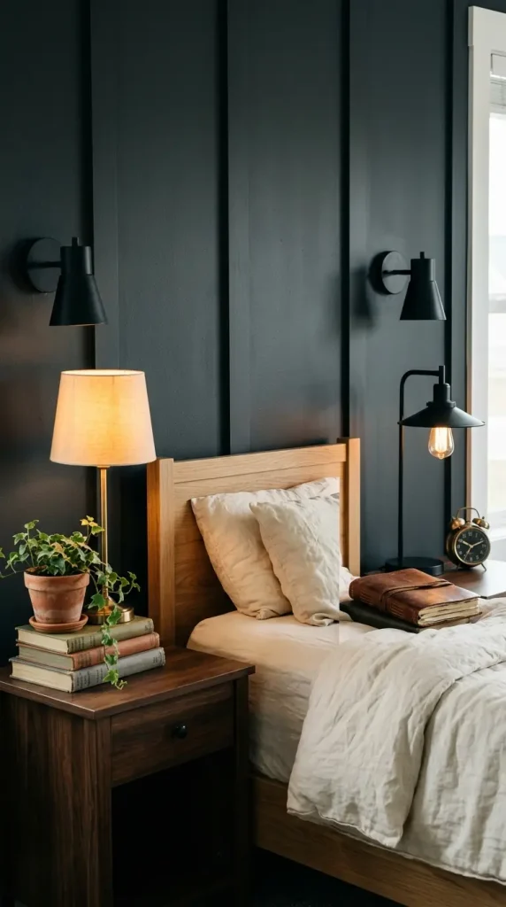 18 Modern Farmhouse Bedroom Ideas Dark Board and Batten 15 15. Dark Board and Batten Master Bedroom With His and Hers Nightstand Styling
