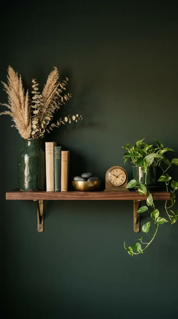 22 Earthy Cozy Bedroom - Dark Green Velvet Brass Luxury 15 15. Dark Green and Brass Bedroom Shelf Vignette