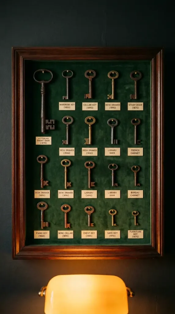 20 Quirky Home Decor Curiosity Cabinet Dark Office 15 15. Display a Collection of Antique Keys in a Shadow Box Frame