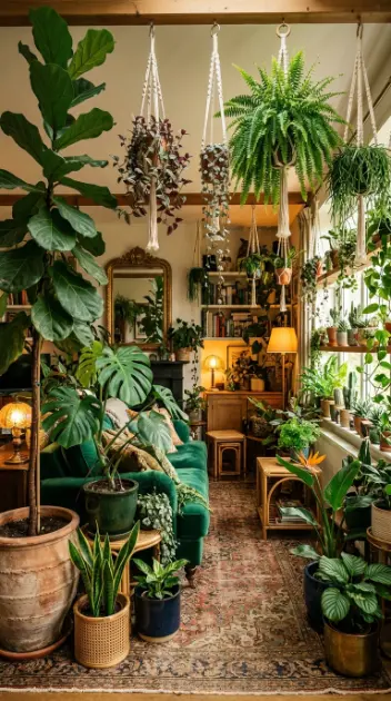 24 Eclectic Quirky Home Decor Ideas 15 15. Eclectic Plant-Filled Interior Jungle Room